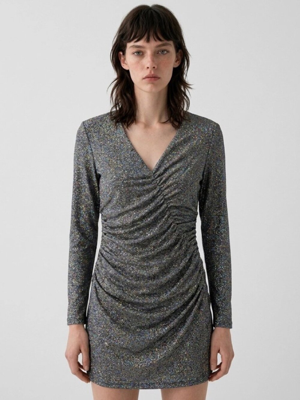 ASTR THE LABEL Black Iridescent Metallic Ruched Long Sleeve Bodycon Dress Sz S